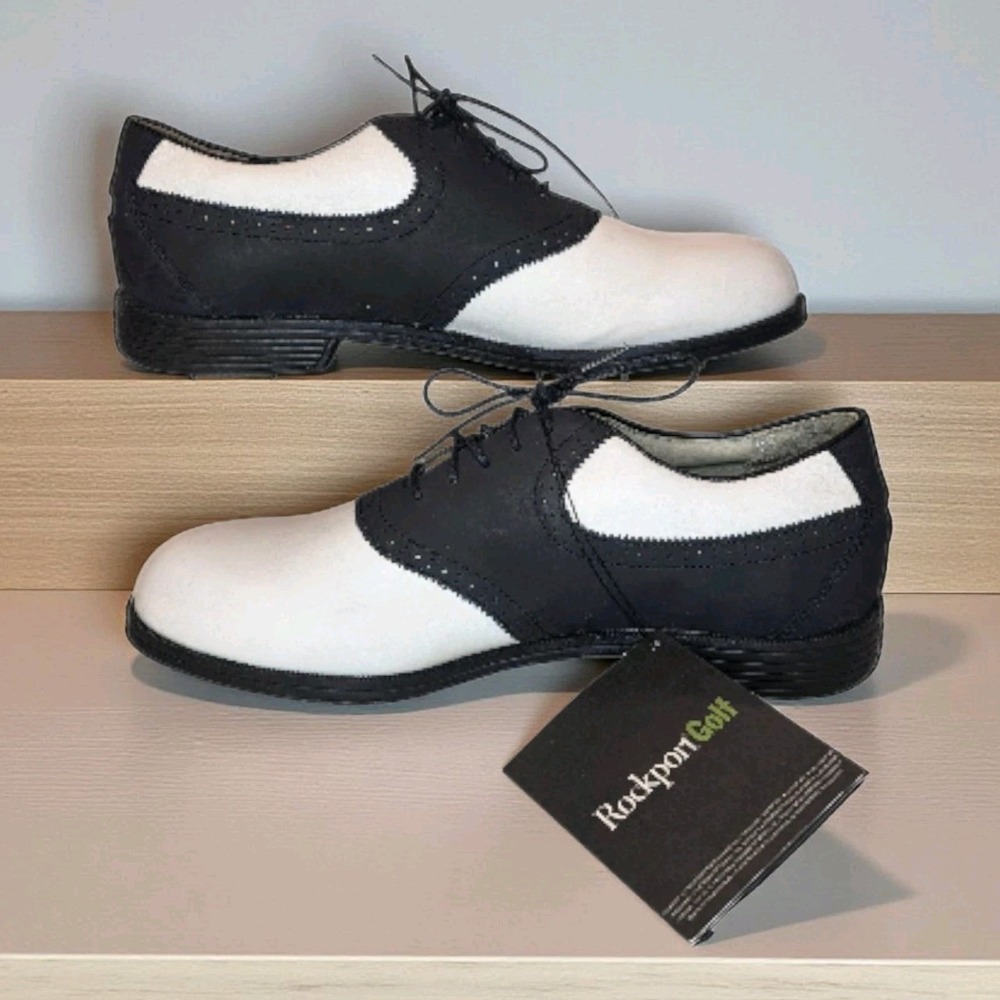 Rockport Golf Men's Saddle Shoes Black White Leather metal spikes 10M w/ Tags